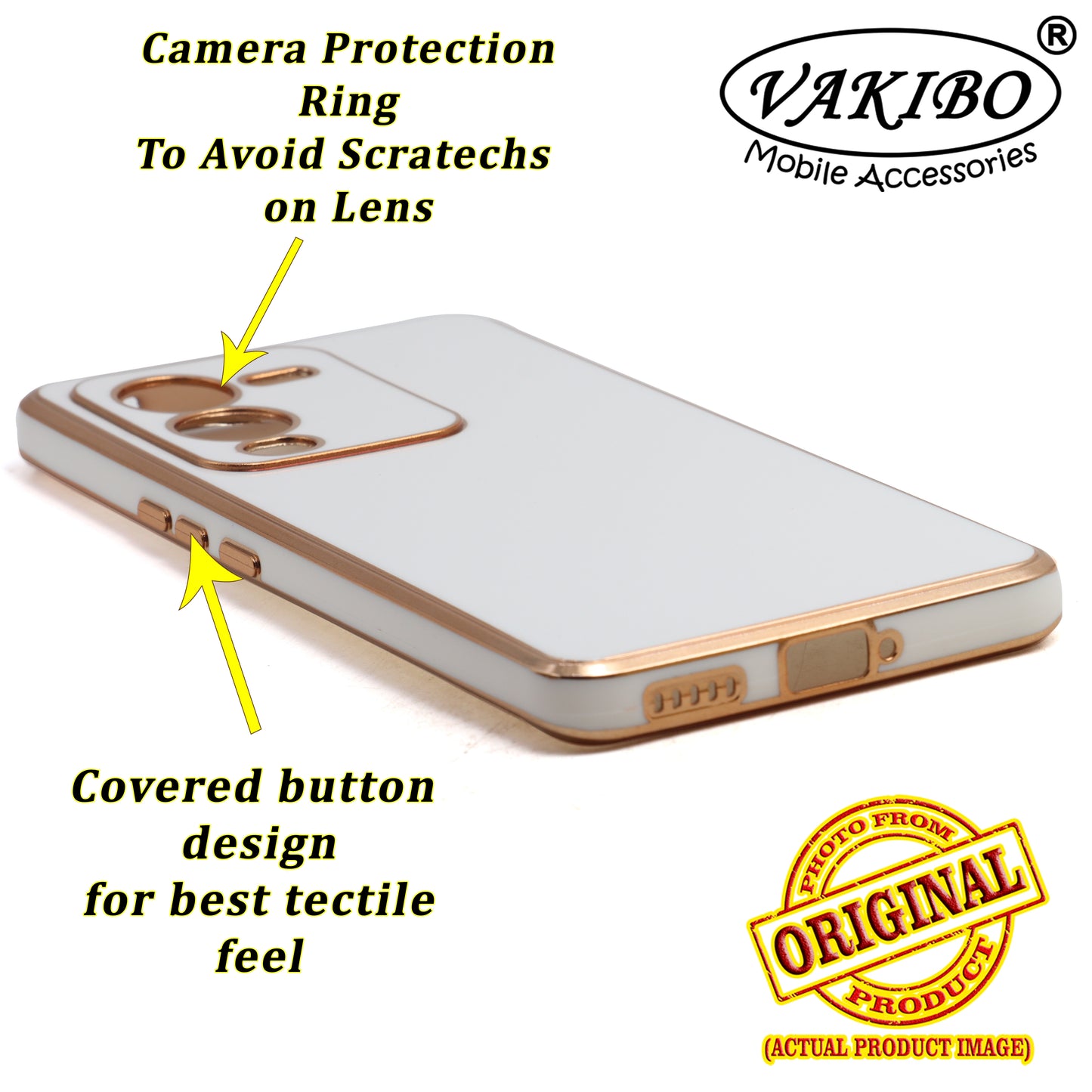 VAKIBO Golden Chrome Border White Coloured Soft TPU Back Cover Case With Camera Protection Suitable for Vivo V25 Pro