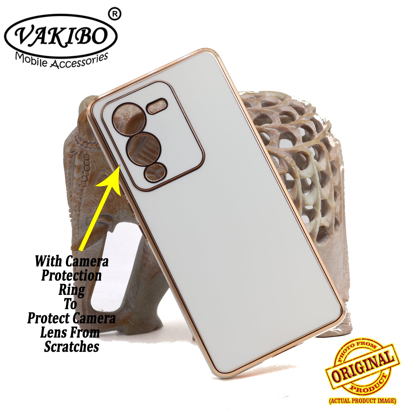 VAKIBO Golden Chrome Border White Coloured Soft TPU Back Cover Case With Camera Protection Suitable for Vivo V25 Pro