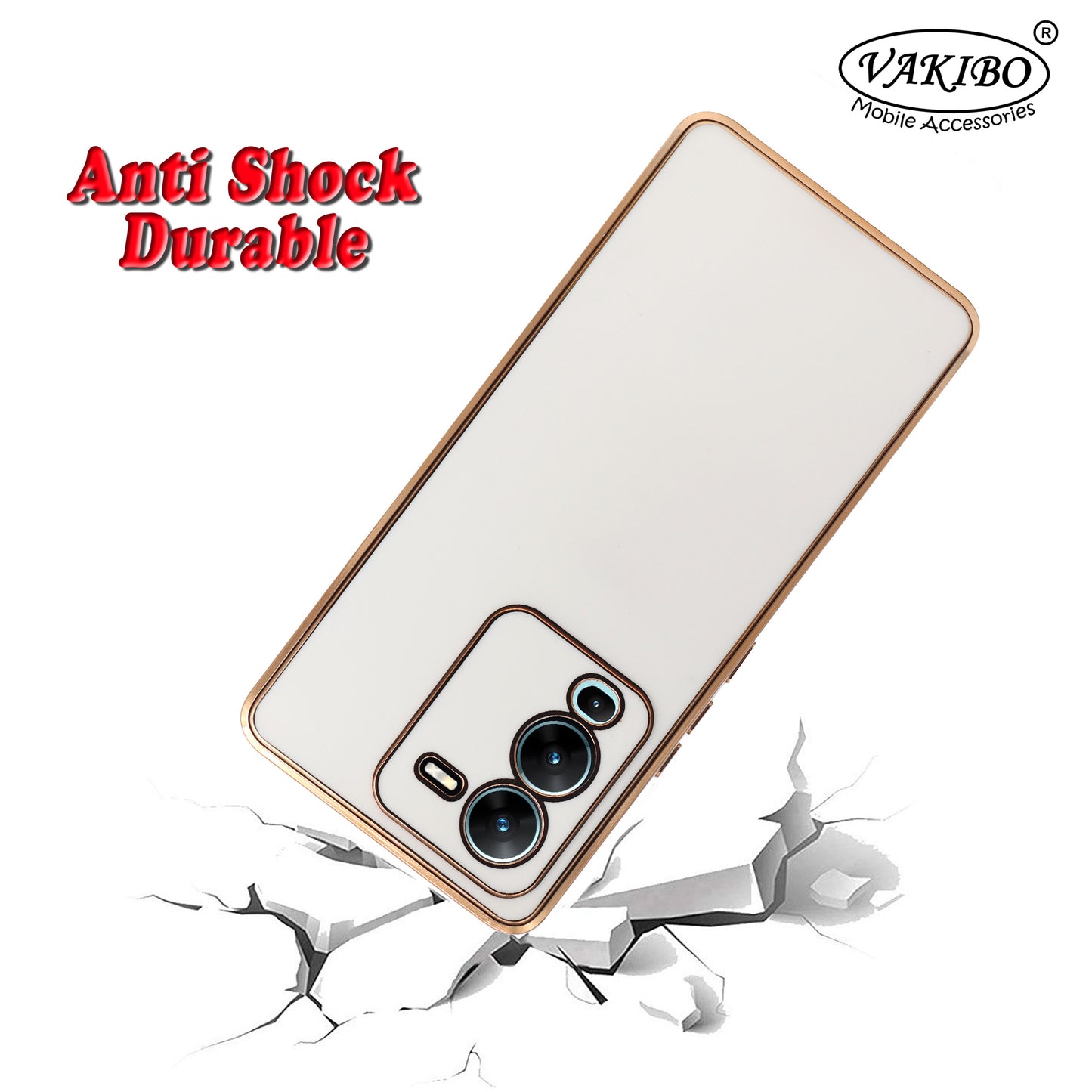VAKIBO Golden Chrome Border White Coloured Soft TPU Back Cover Case With Camera Protection Suitable for Vivo V25 Pro