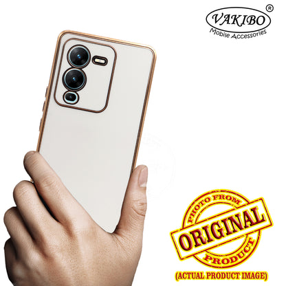 VAKIBO Golden Chrome Border White Coloured Soft TPU Back Cover Case With Camera Protection Suitable for Vivo V25 Pro