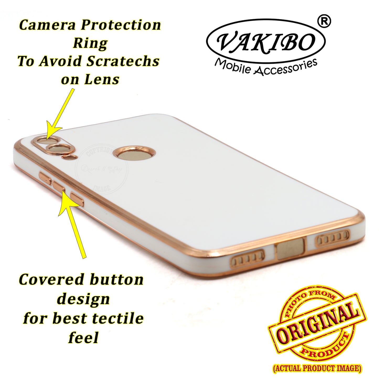 VAKIBO Golden Chrome Border White Coloured Soft TPU Back Cover Case With Camera Protection Suitable for Mi Redmi 7