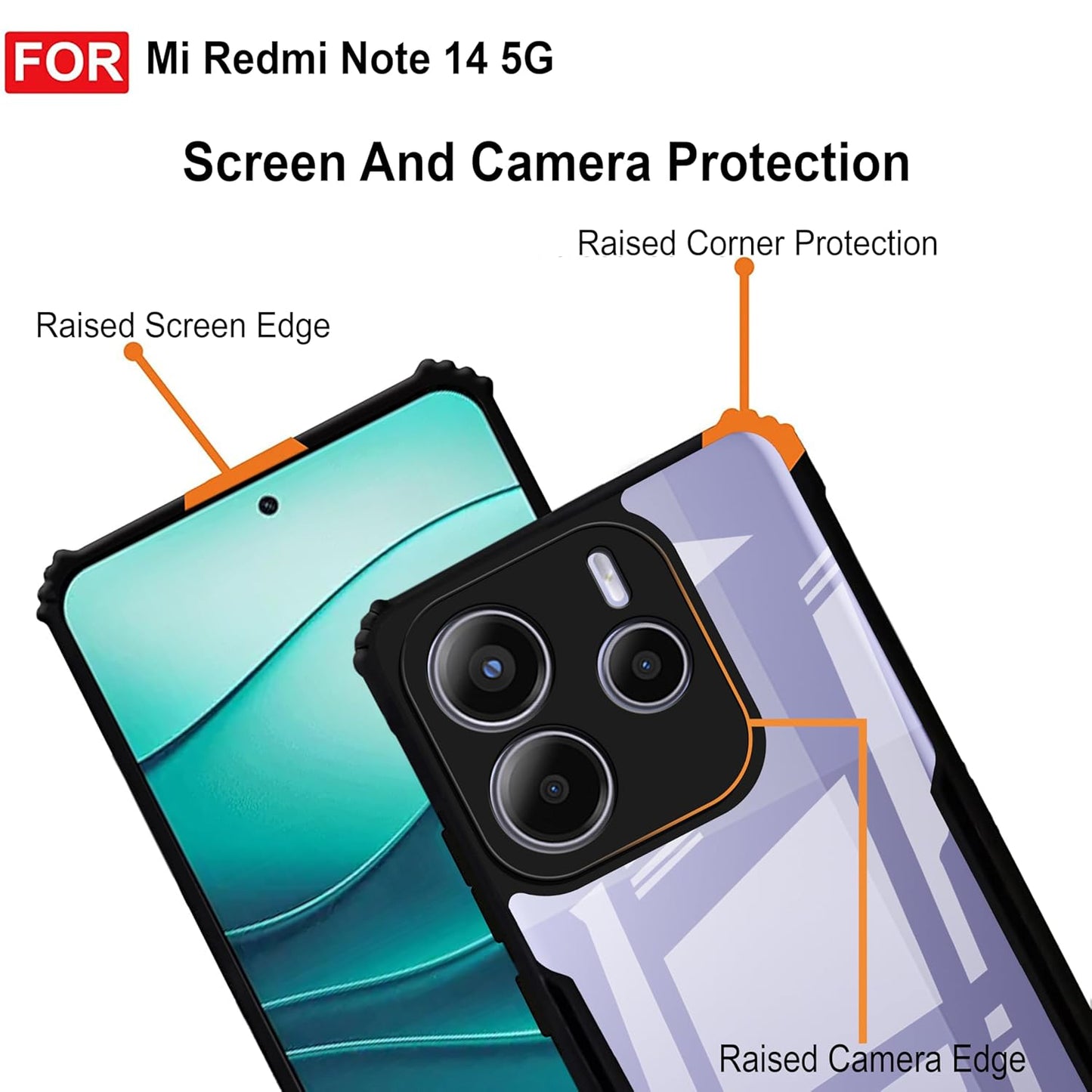 VAKIBO Best Selling Black and Transparent Coloured Made With Soft TPU and Acrylic Back Cover Case With 4 Corner and Camera Protection Suitable for Mi Redmi Note 14