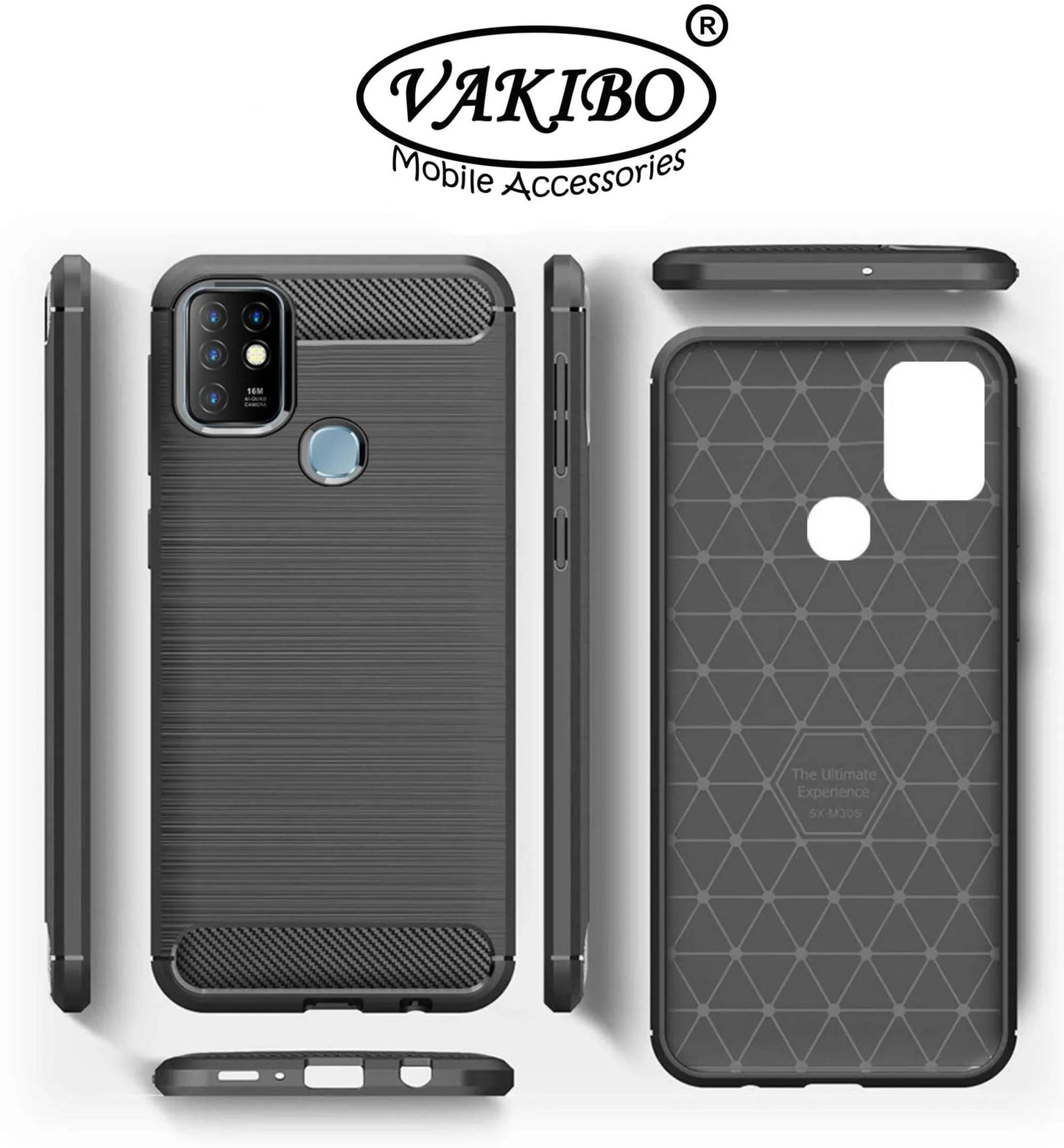 VAKIBO Carbon Fiber Brushed Black Coloured Soft TPU Back Cover Case With Camera Protection Ring Suitable for Infinix Hot 10