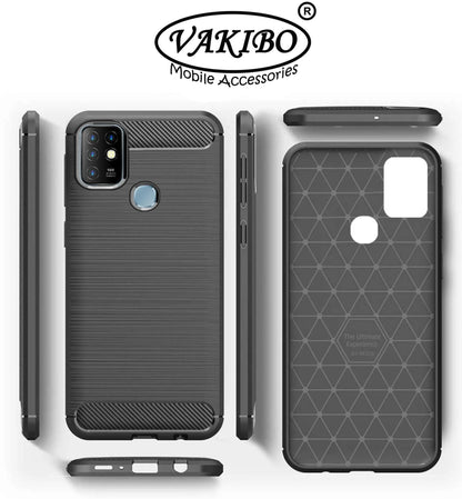 VAKIBO Carbon Fiber Brushed Black Coloured Soft TPU Back Cover Case With Camera Protection Ring Suitable for Infinix Hot 10
