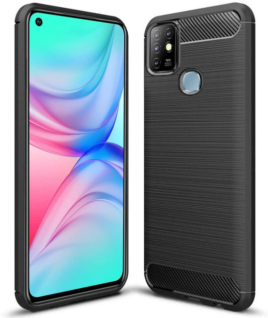 VAKIBO Carbon Fiber Brushed Black Coloured Soft TPU Back Cover Case With Camera Protection Ring Suitable for Infinix Hot 10