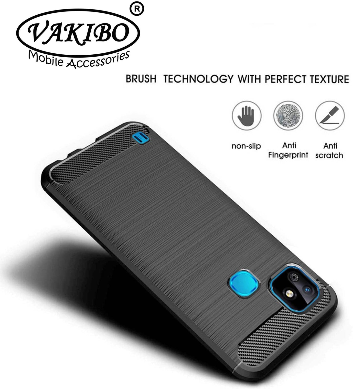 VAKIBO Carbon Fiber Brushed Black Coloured Soft TPU Back Cover Case With Camera Protection Ring Suitable for Infinix Smart HD 2021
