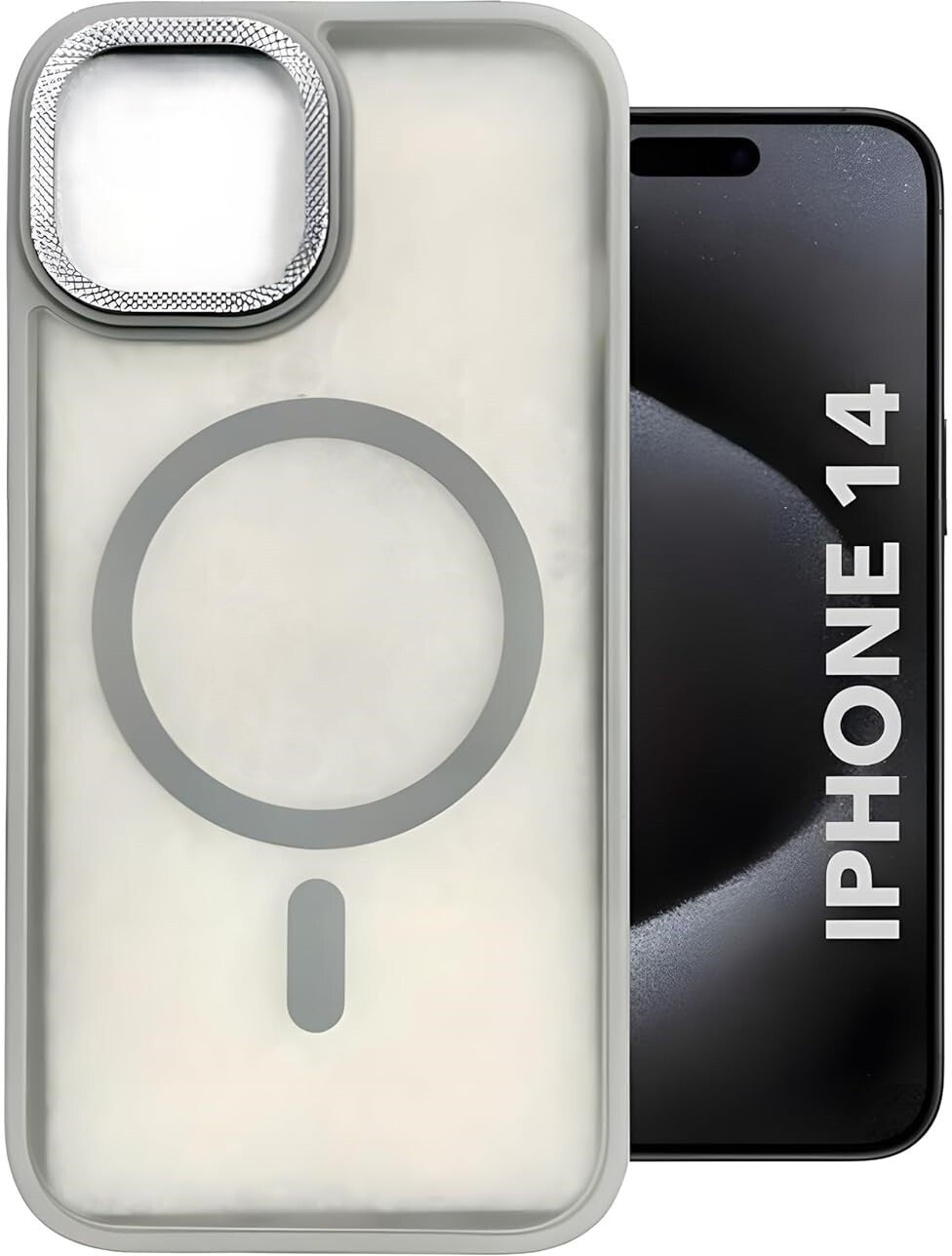 VAKIBO Megnatic Magsafe Grey Coloured Soft with Hard back Back Cover Case With Camera Protection Ring Suitable for iPhone 14