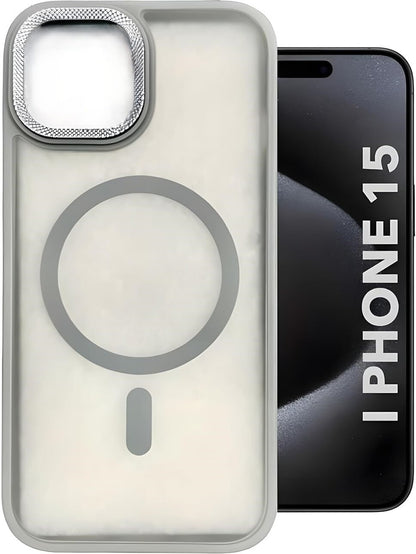 VAKIBO Megnatic Magsafe Grey Coloured Soft with Hard back Back Cover Case With Camera Protection Ring Suitable for iPhone 15
