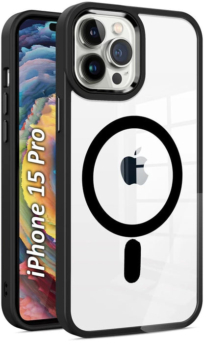 VAKIBO Megnatic Magsafe Black Coloured Soft with Hard back Back Cover Case With Camera Protection Ring Suitable for iPhone 15 Pro