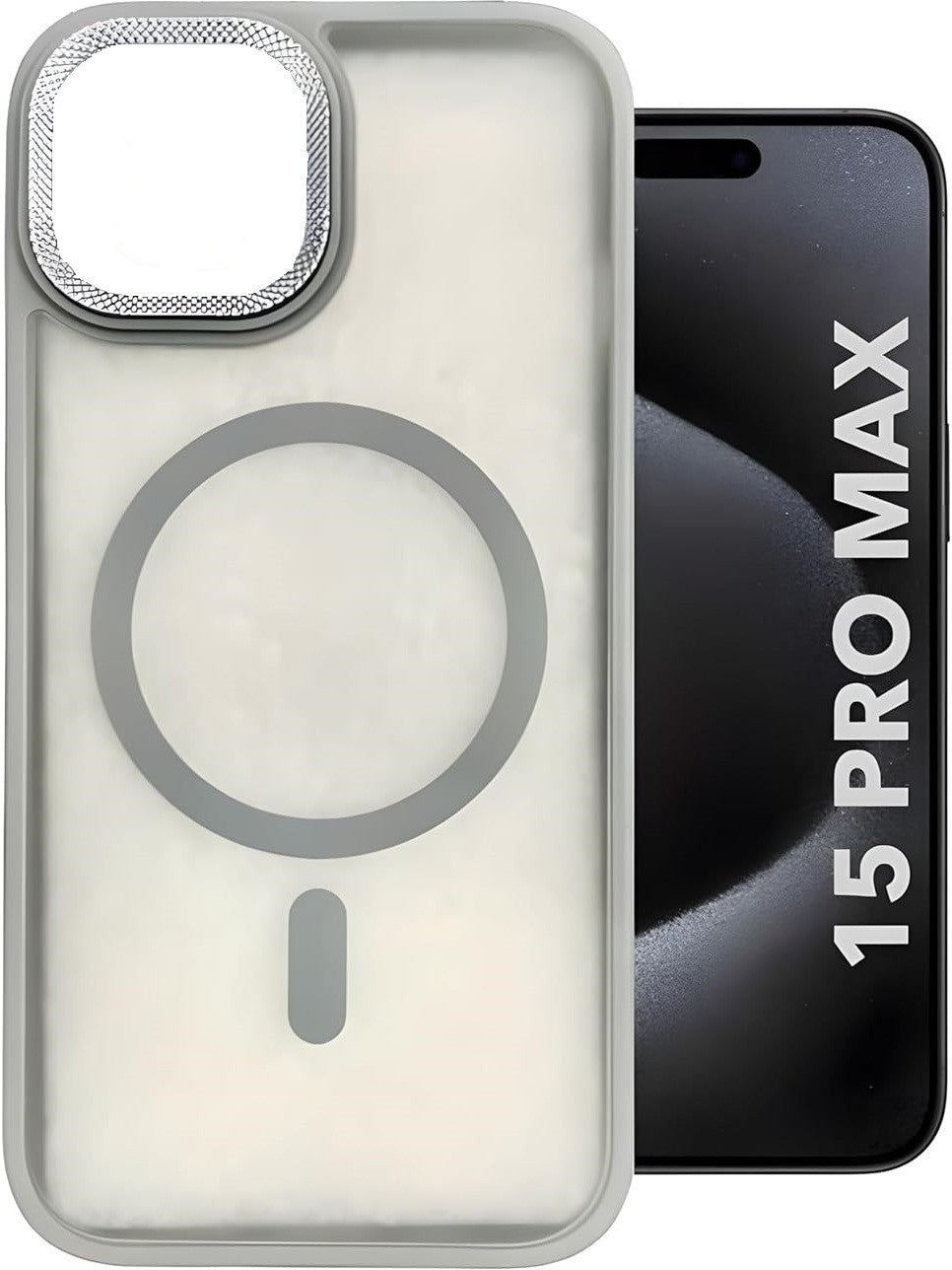 VAKIBO Megnatic Magsafe Grey Coloured Soft with Hard back Back Cover Case With Camera Protection Ring Suitable for iPhone 15 Pro Max