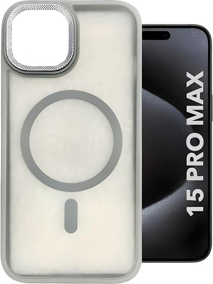 VAKIBO Megnatic Magsafe Grey Coloured Soft with Hard back Back Cover Case With Camera Protection Ring Suitable for iPhone 15 Pro Max