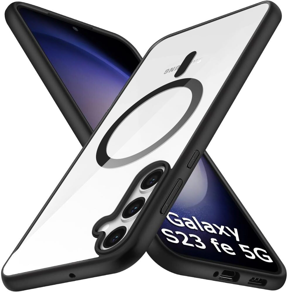 VAKIBO Megnatic Magsafe Black Coloured Soft with Hard back Back Cover Case With Camera Protection Ring Suitable for Samsung Galaxy S23 FE