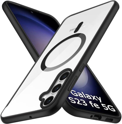 VAKIBO Megnatic Magsafe Black Coloured Soft with Hard back Back Cover Case With Camera Protection Ring Suitable for Samsung Galaxy S23 FE