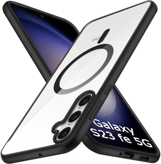 VAKIBO Megnatic Magsafe Black Coloured Soft with Hard back Back Cover Case With Camera Protection Ring Suitable for Samsung Galaxy S23 FE