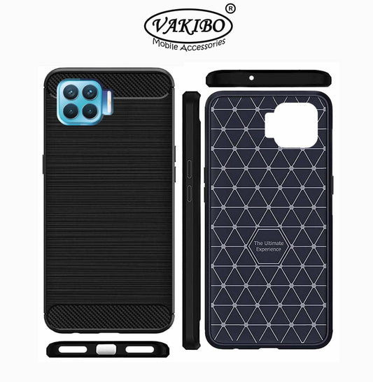 VAKIBO Carbon Fiber Brushed Black Coloured Soft TPU Back Cover Case With Camera Protection Ring Suitable for Oppo F17 Pro