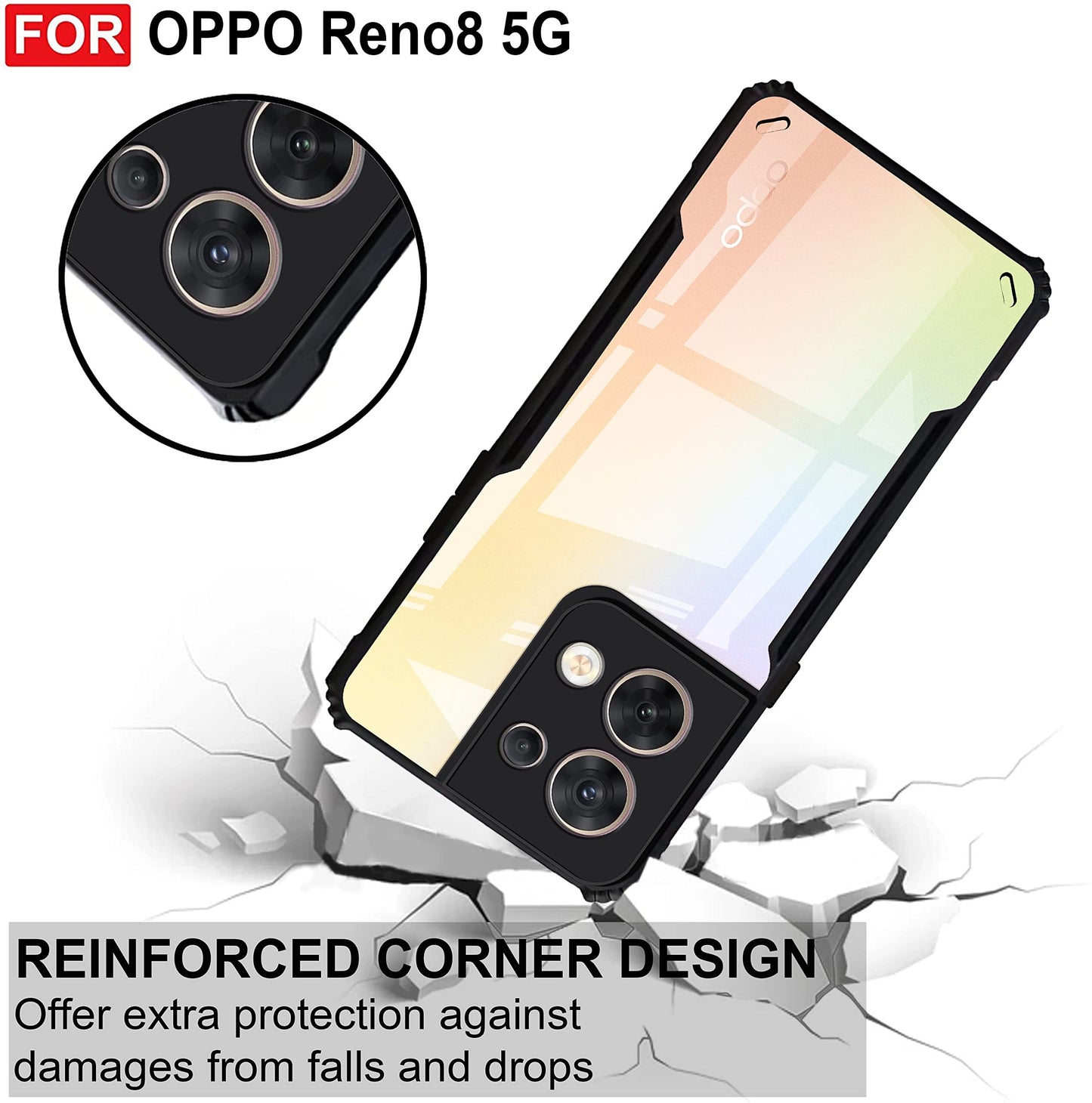 VAKIBO Best Selling Black and Transparent Back Cover Case Made With Soft TPU and Acrylic With 4 Corner and Camera Protection Suitable for Oppo Reno 8
