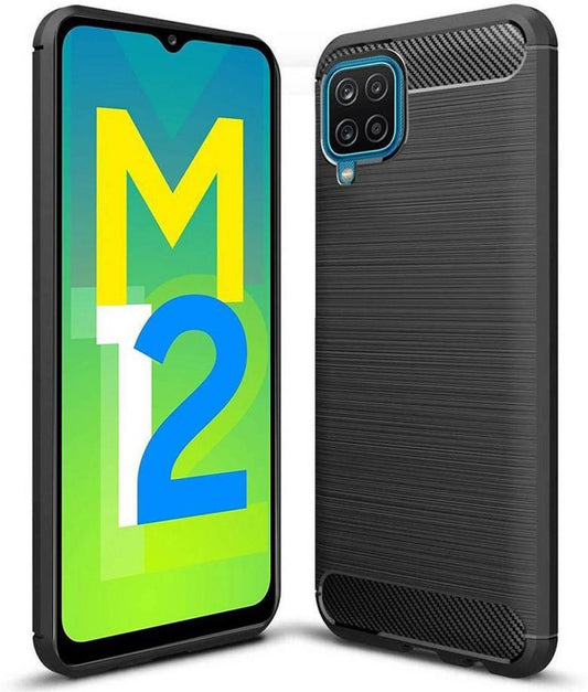 VAKIBO Carbon Fiber Brushed Black Coloured Soft TPU Back Cover Case With Camera Protection Ring Suitable for Samsung Galaxy A12
