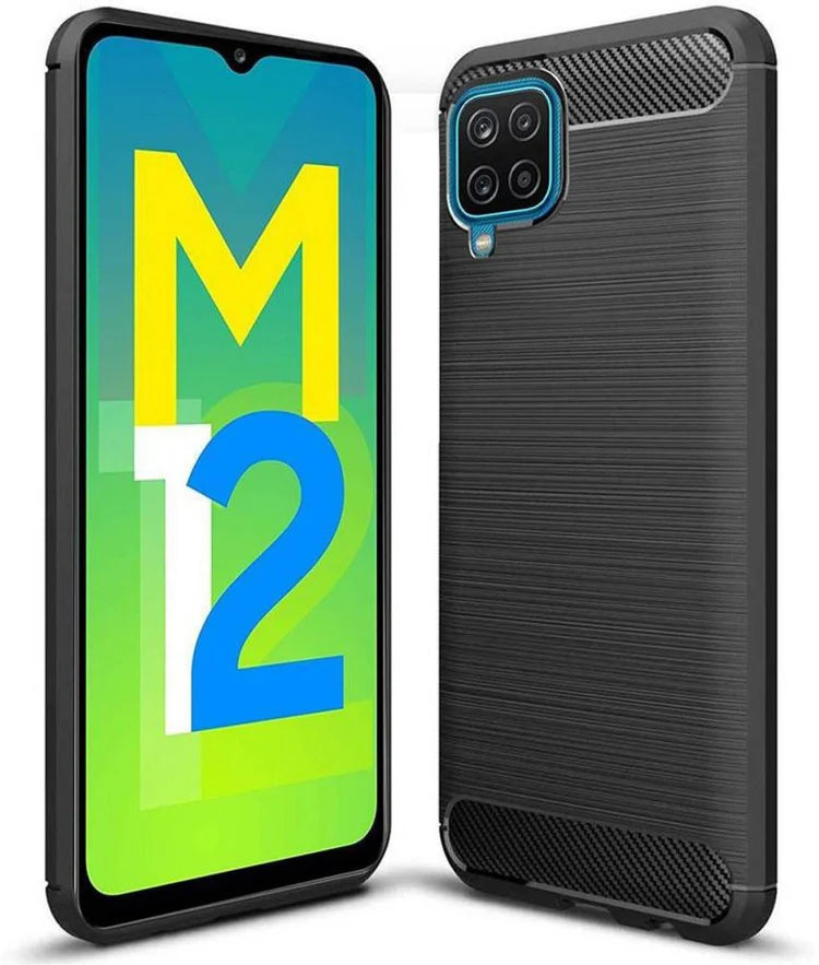 VAKIBO Carbon Fiber Brushed Black Coloured Soft TPU Back Cover Case With Camera Protection Ring Suitable for Samsung Galaxy M12