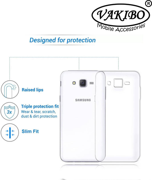 VAKIBO Super Premium Soft TPU Transparent Case With Dustplug,Side Grip,Corner Protection,lanyard Cuts,Camera Protection Suitable for Samsung J2 2015 /J2 /J200