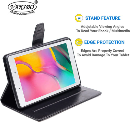 VAKIBO Premium Dotted Design Black Coloured Synthatic Leather Flip Cover Case Suitable for Samsung Galaxy TAB A T295 2019 8 Screen Size