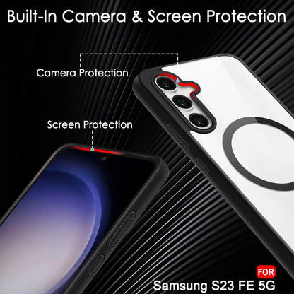 VAKIBO Megnatic Magsafe Black Coloured Soft with Hard back Back Cover Case With Camera Protection Ring Suitable for Samsung Galaxy S23 FE