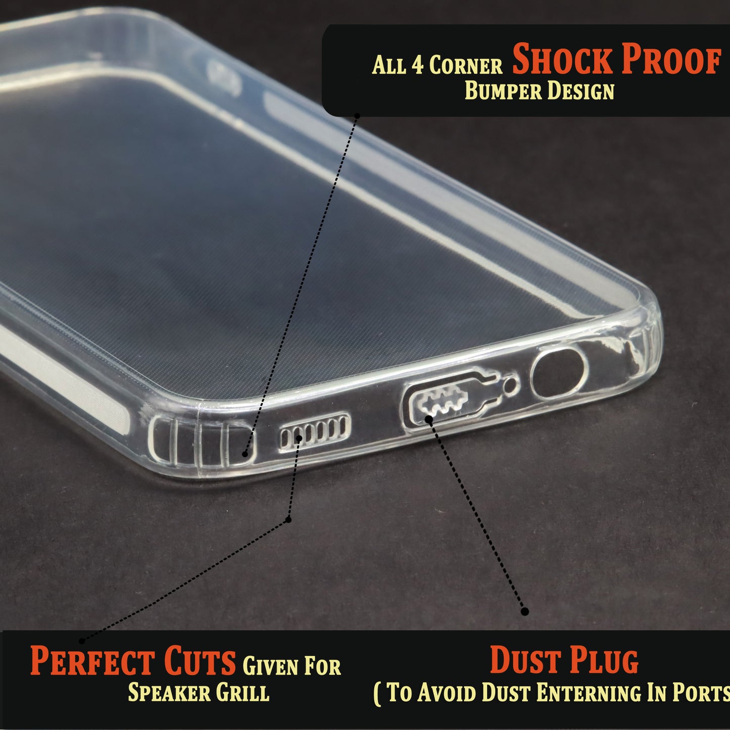 VAKIBO Super Premium Soft TPU Transparent Case With Dustplug,Side Grip,Corner Protection,lanyard Cuts,Camera Protection Suitable for Samsung A14 5G