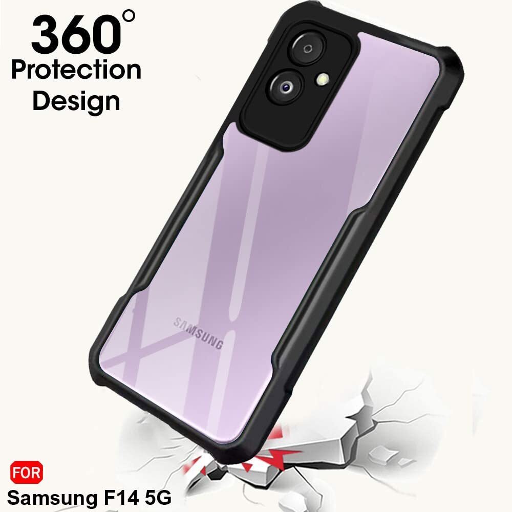 VAKIBO Best Selling Black and Transparent Back Cover Case Made With Soft TPU and Acrylic With 4 Corner and Camera Protection Suitable for Samsung Galaxy F14