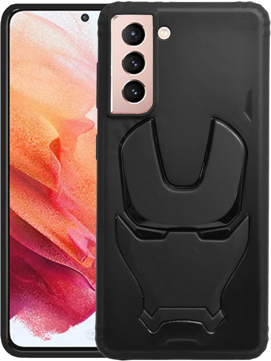 VAKIBO Iron Man 3D Mask Design Black Coloured Soft TPU Back Cover Case With Camera Protection Ring Suitable for Samsung Galaxy S21