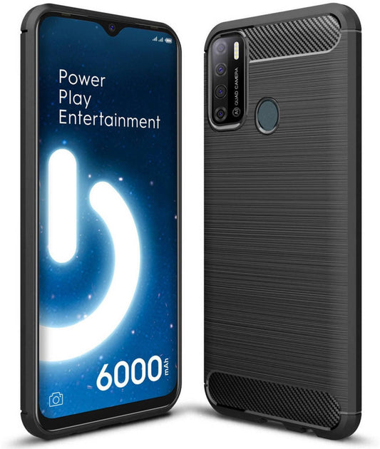 VAKIBO Carbon Fiber Brushed Black Coloured Soft TPU Back Cover Case With Camera Protection Ring Suitable for Tecno Spark Power 2
