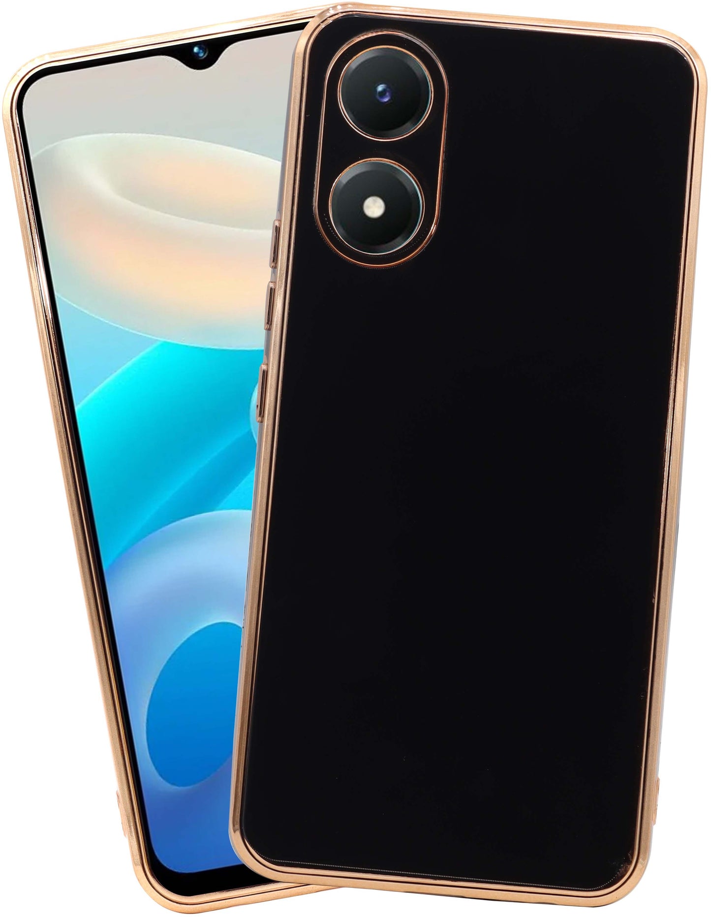 VAKIBO Golden Chrome Border Black Coloured Soft TPU Back Cover Case With Camera Protection Suitable for Vivo Y02S