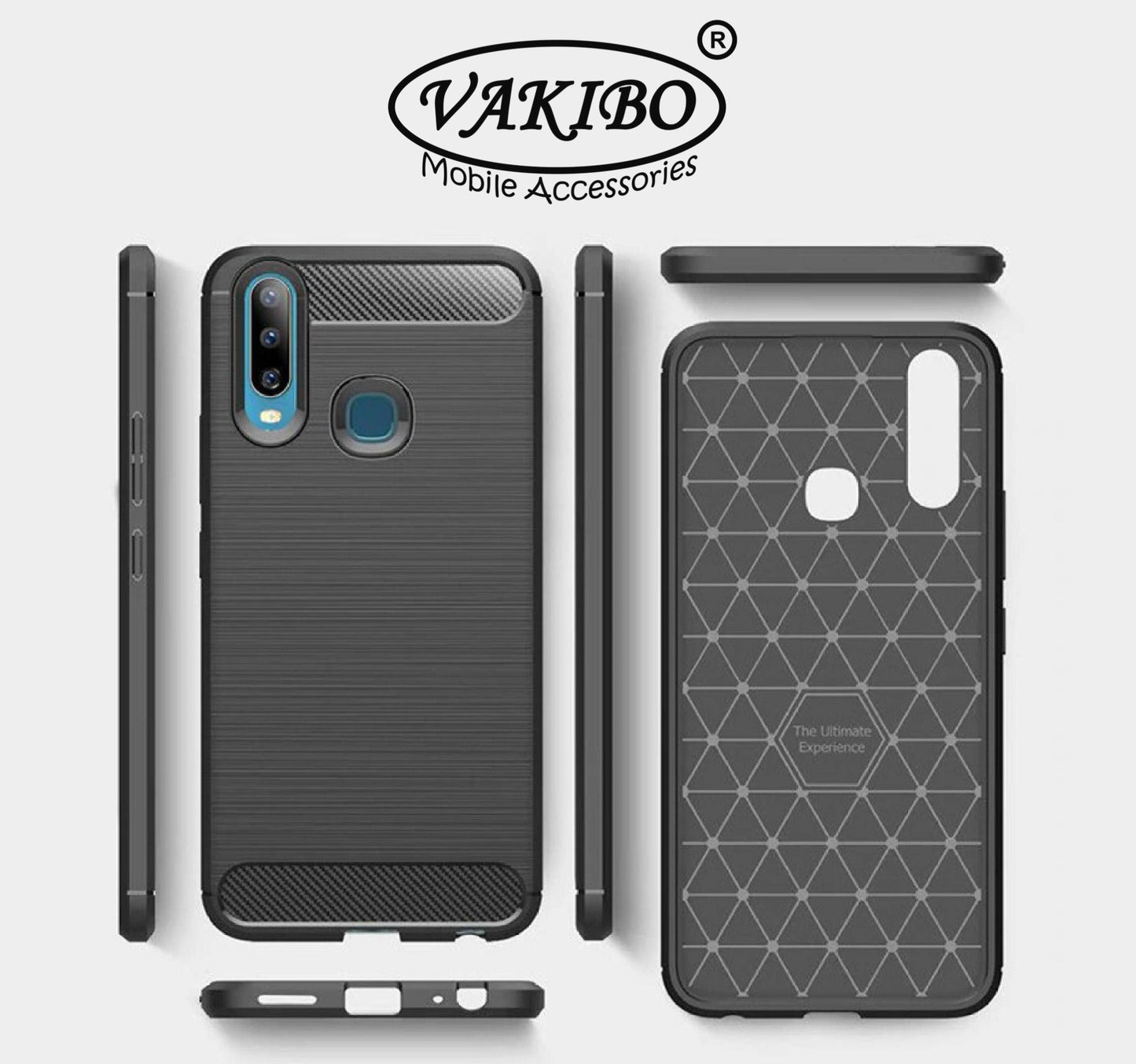 VAKIBO Carbon Fiber Brushed Black Coloured Soft TPU Back Cover Case With Camera Protection Ring Suitable for Vivo Y19