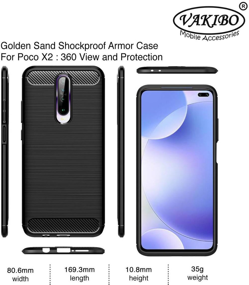 VAKIBO Carbon Fiber Brushed Black Coloured Soft TPU Back Cover Case With Camera Protection Ring Suitable for MI Poco X2