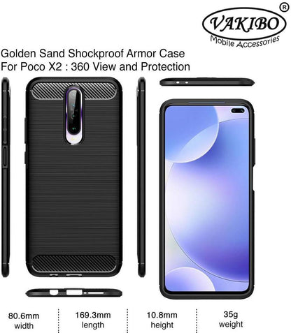 VAKIBO Carbon Fiber Brushed Black Coloured Soft TPU Back Cover Case With Camera Protection Ring Suitable for MI Poco X2