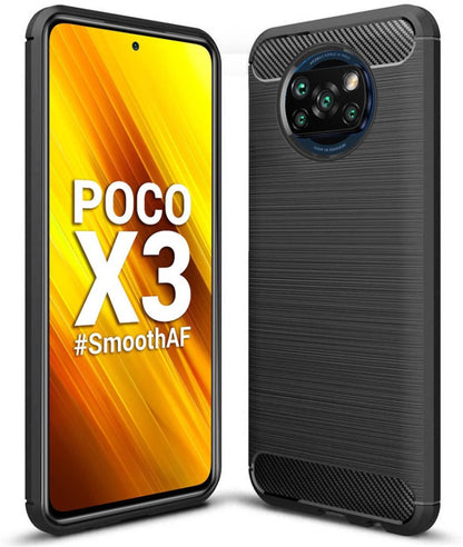 VAKIBO Carbon Fiber Brushed Black Coloured Soft TPU Back Cover Case With Camera Protection Ring Suitable for Mi Poco X3 Pro