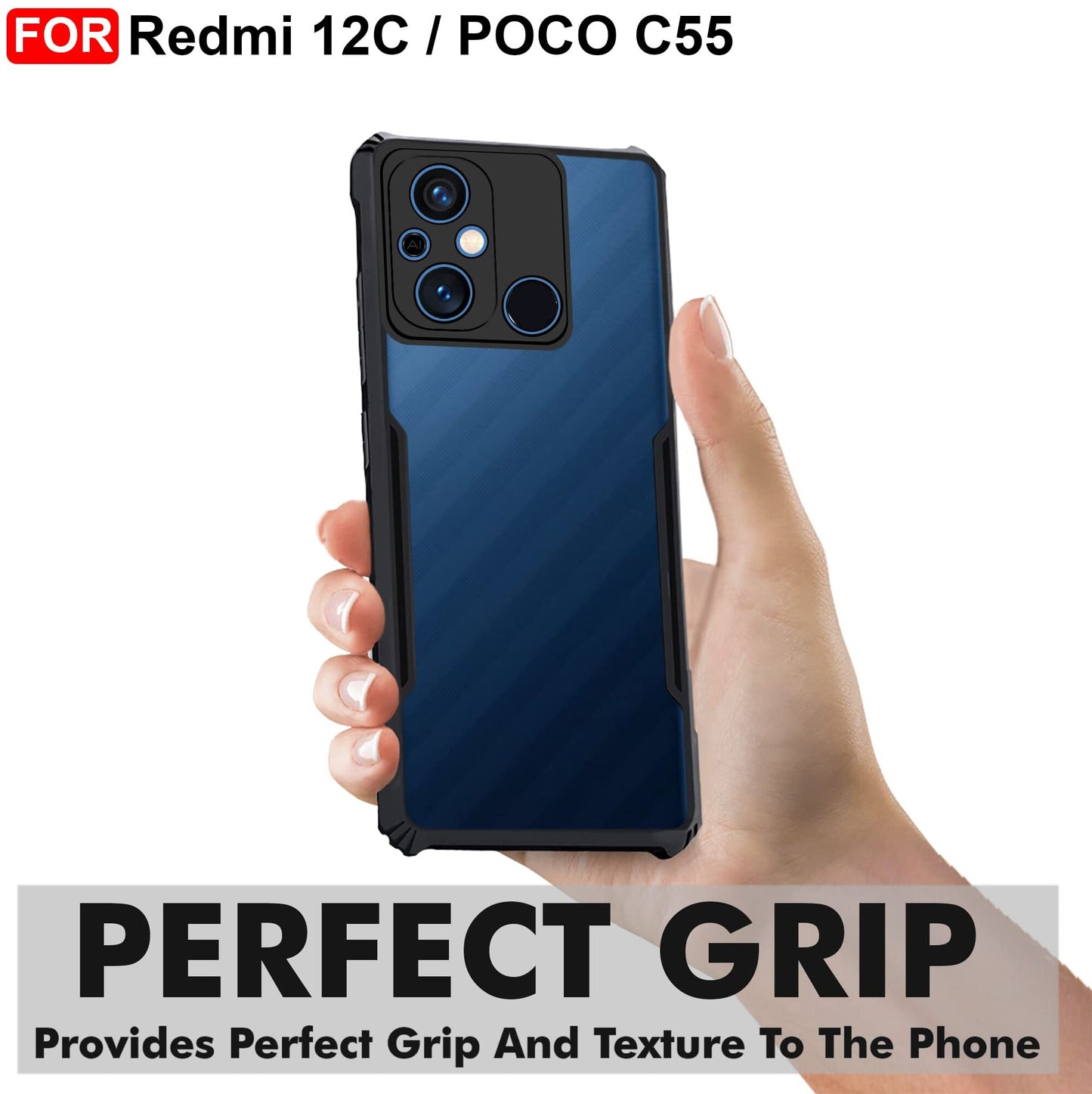 VAKIBO Best Selling Black and Transparent Back Cover Case Made With Soft TPU and Acrylic With 4 Corner and Camera Protection Suitable for Mi Redmi 12C