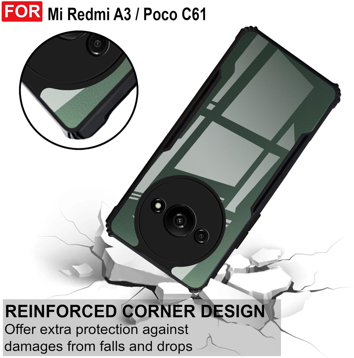 VAKIBO Best Selling Black and Transparent Back Cover Case Made With Soft TPU and Acrylic With 4 Corner and Camera Protection Suitable for Mi Redmi A3