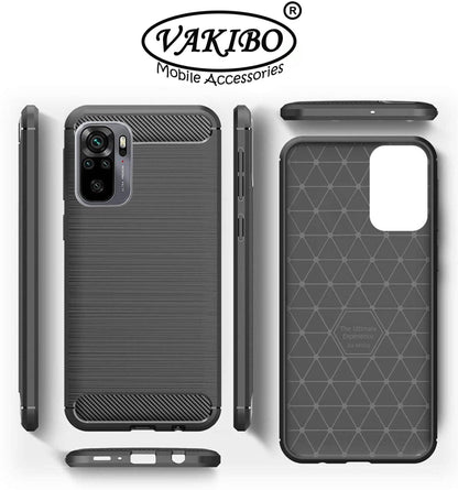 VAKIBO Carbon Fiber Brushed Black Coloured Soft TPU Back Cover Case With Camera Protection Ring Suitable for MI Redmi Note 10