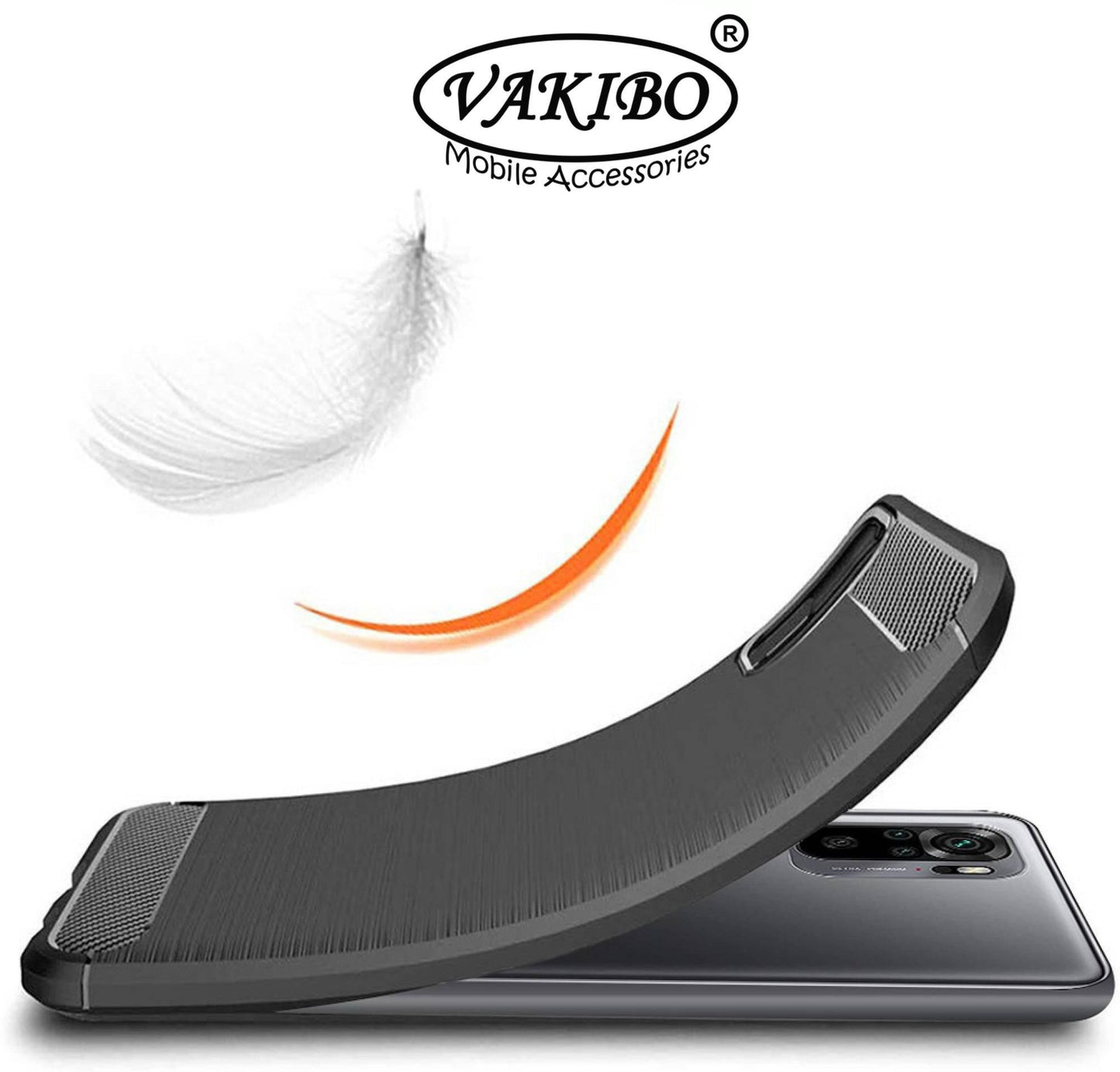 VAKIBO Carbon Fiber Brushed Black Coloured Soft TPU Back Cover Case With Camera Protection Ring Suitable for MI Redmi Note 10